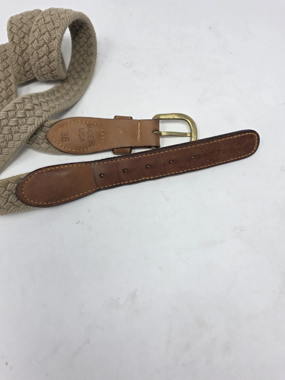 Men’s Zep-Pro braided woven belt with tan/khaki textile body, leather trim, and